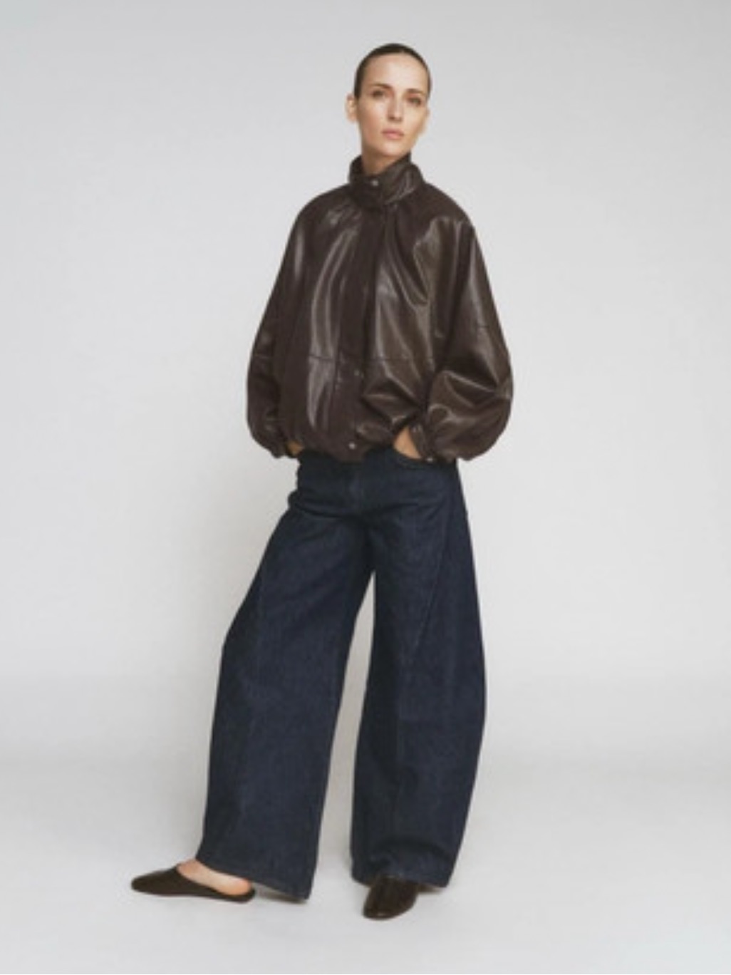 Zara Dark Brown Faux Leather Balloon-Sleeve Jacket